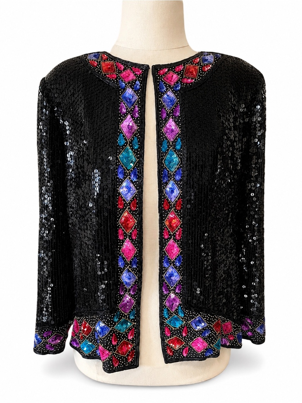 Stenay Silk Sequin Beaded Jacket Black Jewel Embellished Evening Blazer Large